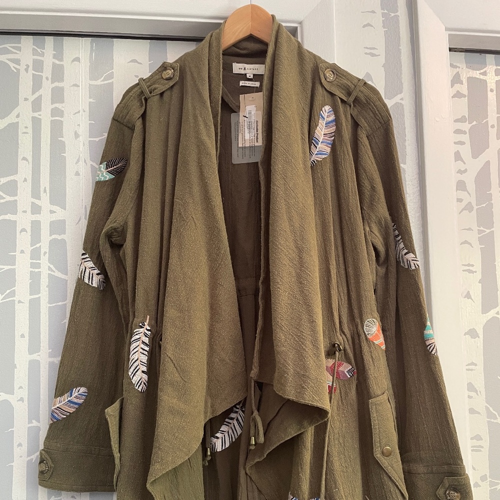 *NWT* MM VINTAGE (Sundance) Green Jacket with Feather Embroidery size Medium